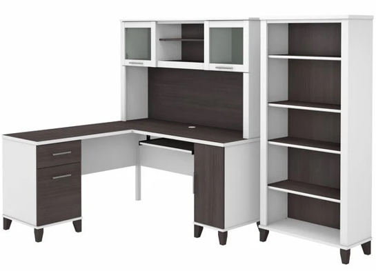 L shaped computer desk with 5 shelf bookcase 60W highlight storm gray white L shaped computer desk with 5 shelf bookcase 60W highlight storm gray white