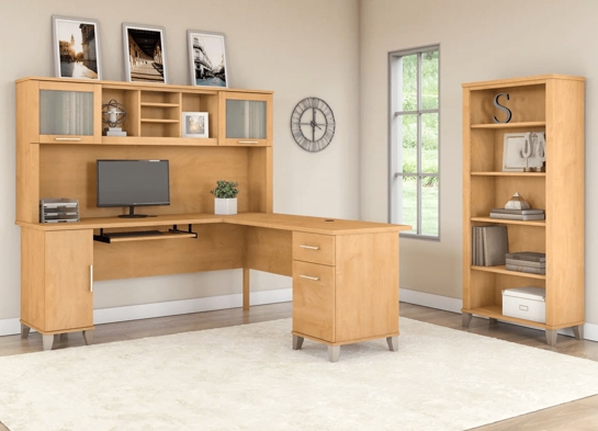 L shaped computer desk with 5 shelf bookcase 72 w space view maple cross