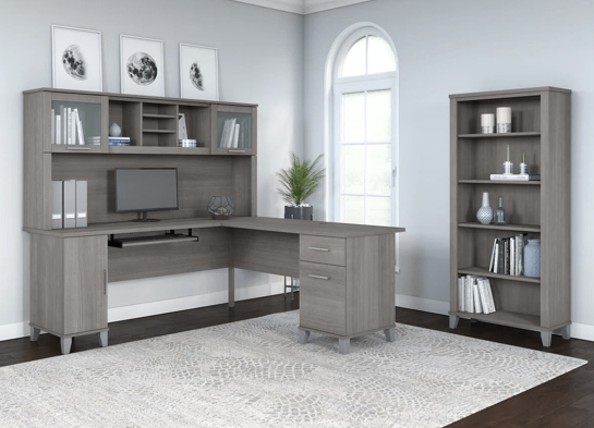 L shaped computer desk with 5 shelf bookcase 72 w space view platinum gray