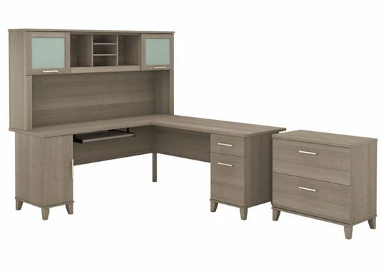L shaped computer desk with traditional file cabinet 72 w highlight ash gray 2