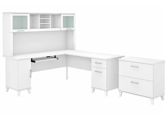 L shaped computer desk with traditional file cabinet 72 w highlight white 2