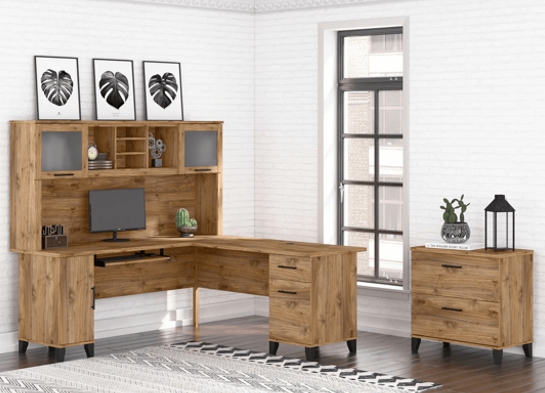 L shaped computer desk with traditional file cabinet 72 w space view fresh walnut 2