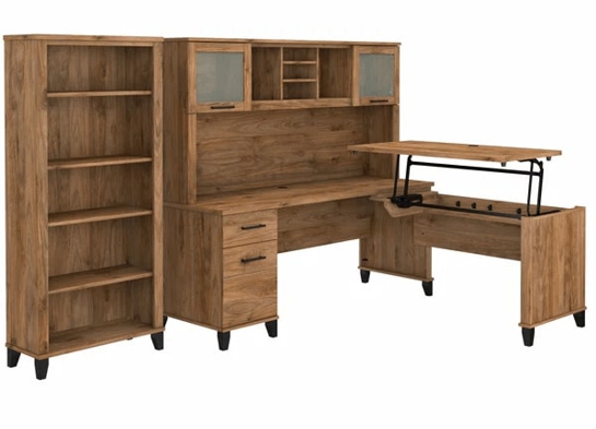 Modern office standing desk with 5 shelf bookcase highlight view fresh walnut Modern office standing desk with 5 shelf bookcase highlight view fresh walnut