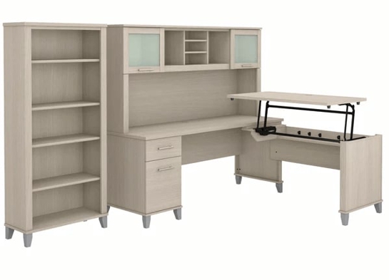 Modern office standing desk with 5 shelf bookcase highlight view sand oak Modern office standing desk with 5 shelf bookcase highlight view sand oak