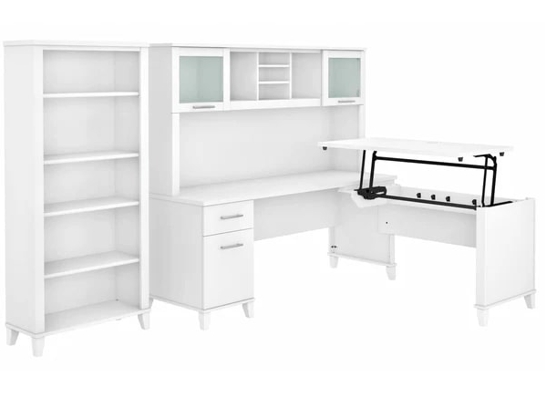 Modern office standing desk with 5 shelf bookcase highlight view white Modern office standing desk with 5 shelf bookcase highlight view white
