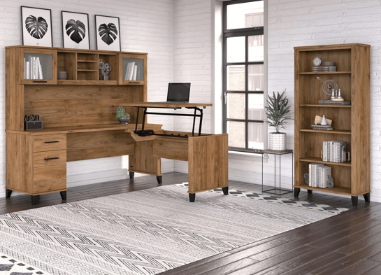 Modern office standing desk with 5 shelf bookcase space view fresh walnut Modern office standing desk with 5 shelf bookcase space view fresh walnut