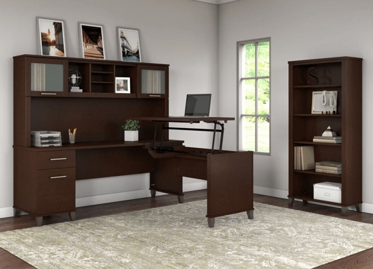 Modern office standing desk with 5 shelf bookcase space view mocha cherry Modern office standing desk with 5 shelf bookcase space view mocha cherry
