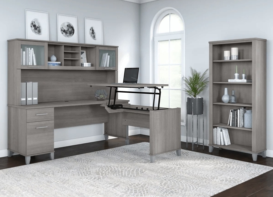 Modern office standing desk with 5 shelf bookcase space view platinum gray Modern office standing desk with 5 shelf bookcase space view platinum gray