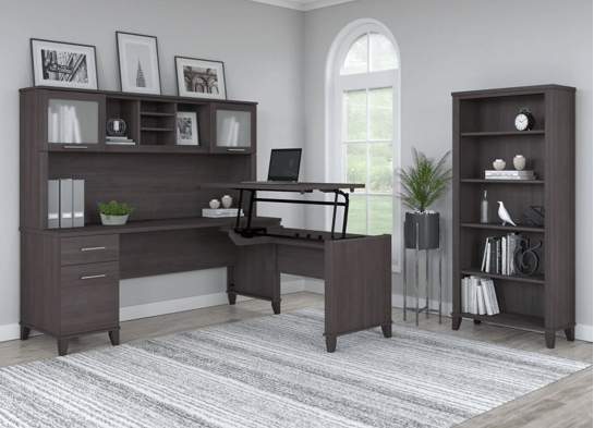 Modern office standing desk with 5 shelf bookcase space view storm gray Modern office standing desk with 5 shelf bookcase space view storm gray