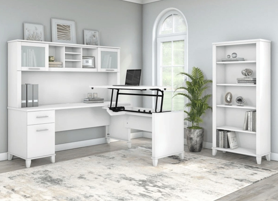 Modern office standing desk with 5 shelf bookcase space view white Modern office standing desk with 5 shelf bookcase space view white