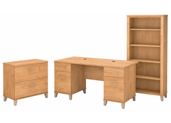 Office desk with 2 file drawers and 5 shelf bookcase highlight maple cross