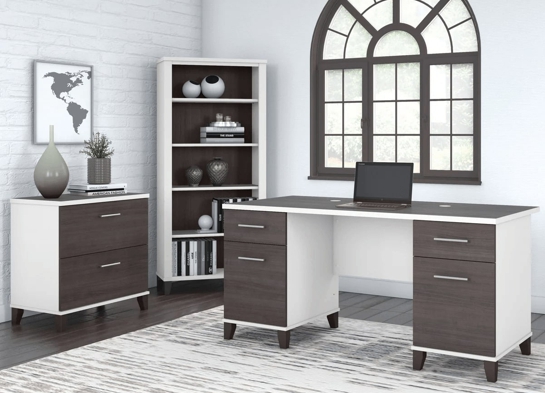 Office desk with 2 file drawers and 5 shelf bookcase space view storm gray white
