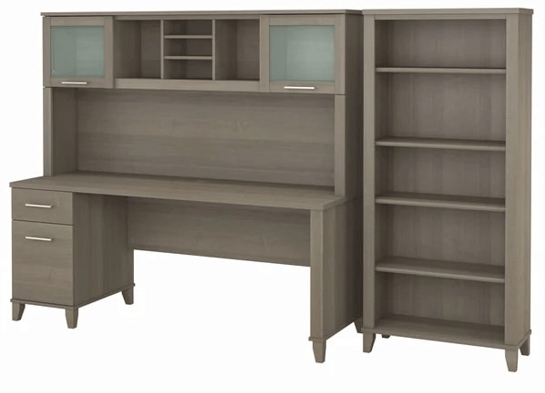 Office desk with hutch and 5 shelf bookcase highlight view ash gray 1 Office desk with hutch and 5 shelf bookcase highlight view ash gray 1