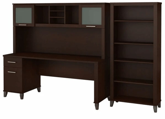 Office desk with hutch and 5 shelf bookcase highlight view mocha cherry 1 Office desk with hutch and 5 shelf bookcase highlight view mocha cherry 1