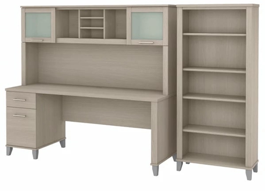 Office desk with hutch and 5 shelf bookcase highlight view sand oak 1 Office desk with hutch and 5 shelf bookcase highlight view sand oak 1