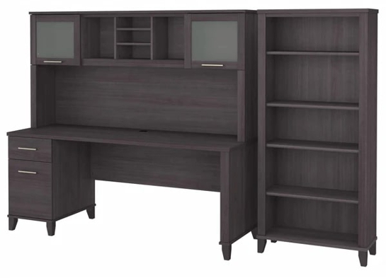Office desk with hutch and 5 shelf bookcase highlight view storm gray 1 Office desk with hutch and 5 shelf bookcase highlight view storm gray 1