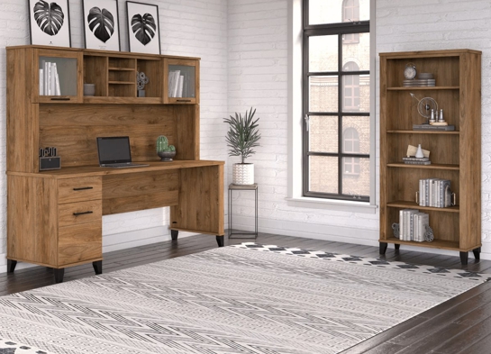 Office desk with hutch and 5 shelf bookcase space view fresh walnut 1 Office desk with hutch and 5 shelf bookcase space view fresh walnut 1