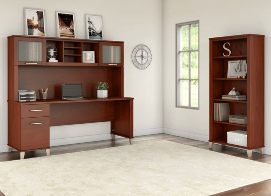 Office desk with hutch and 5 shelf bookcase space view hansen cherry 1 Office desk with hutch and 5 shelf bookcase space view hansen cherry 1