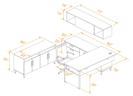 Prestige private office desk with credenza 3D dimensions Prestige private office desk with credenza 3D dimensions