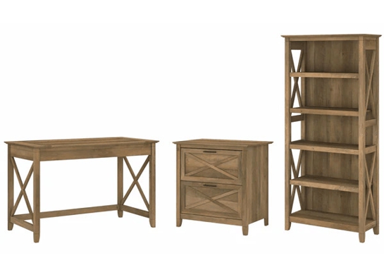 Western style desk with drawer lateral file cabinet and 5 shelf bookcase reclaimed pine