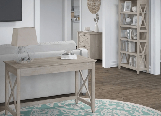 Western style desk with drawer lateral file cabinet and 5 shelf bookcase space view washed gray